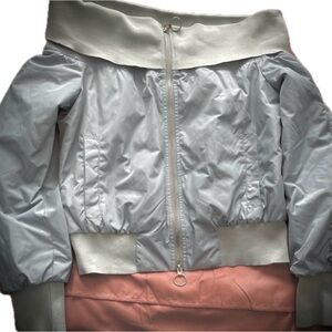 Dusty Blue Satin Lined Off the Shoulder Bomber Jacket Silver Zipper w/ Rings